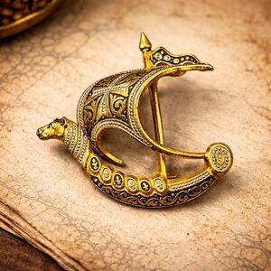 Vintage Gold Black Viking Ship Brooch Damascene Style OS